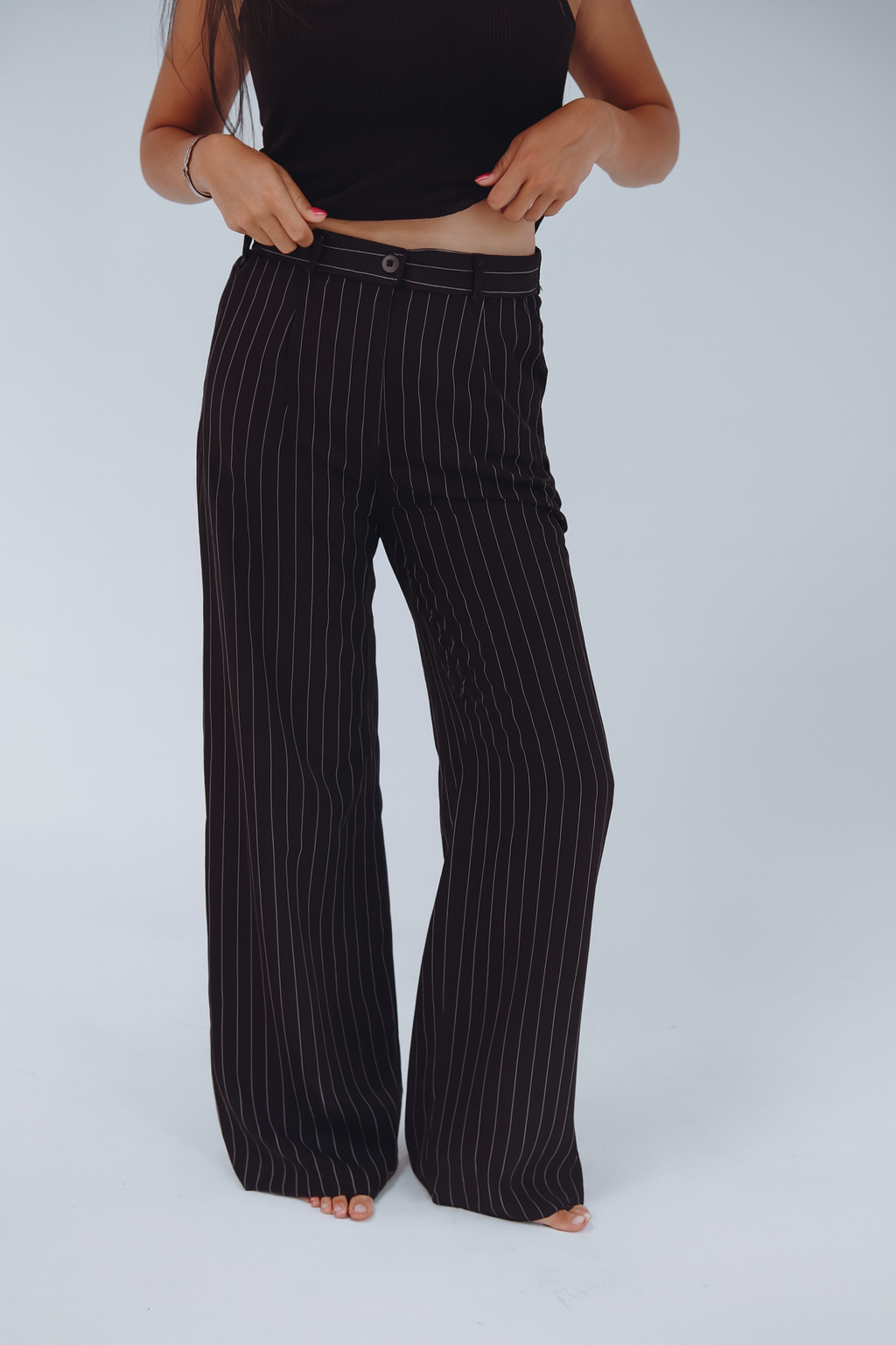 BLACK STRIPED WIDE LEG TROUSERS