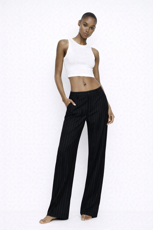 BLACK STRIPED WIDE LEG TROUSERS