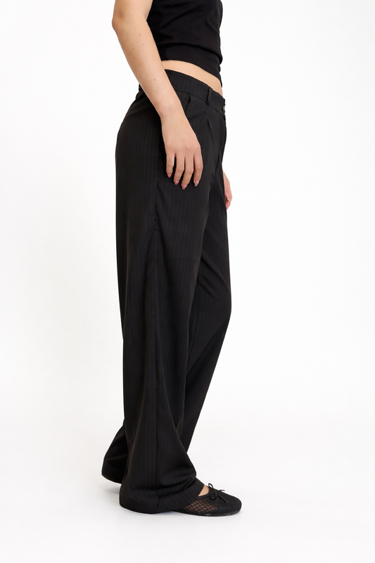 BLACK STRIPED WIDE LEG TROUSERS