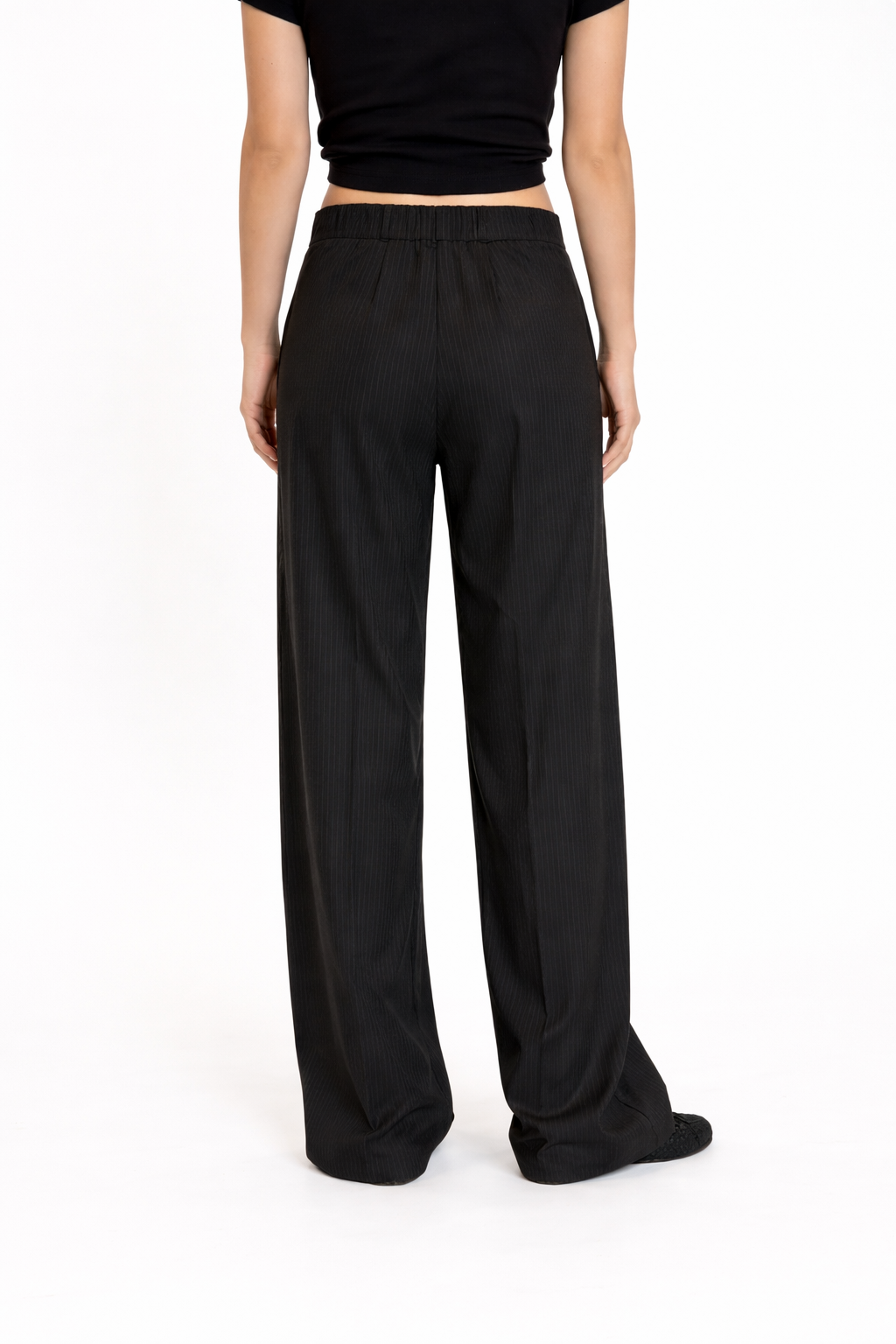 BLACK STRIPED WIDE LEG TROUSERS
