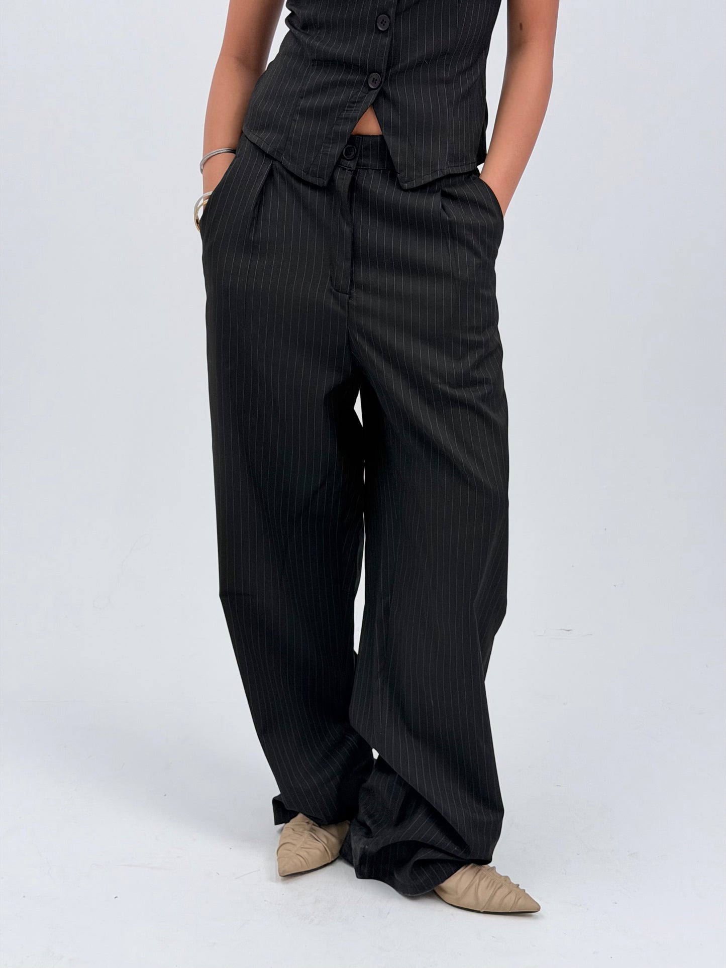 STRIPED WIDE LEG TROUSERS - BLACK