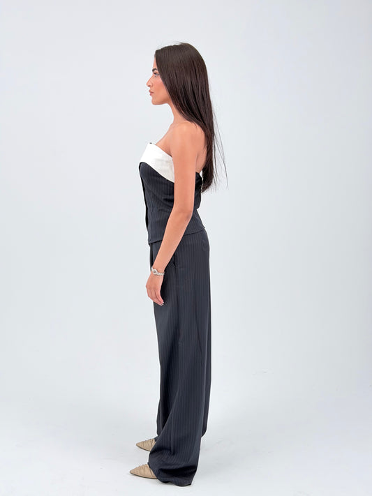 STRIPED WIDE LEG TROUSERS - BLUE