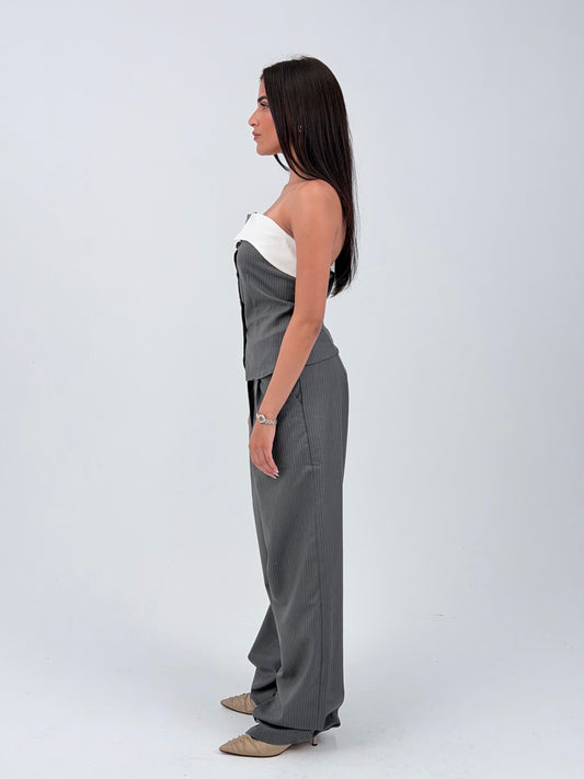 STRIPED WIDE LEG TROUSERS - GRAY