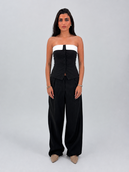 STRIPED WIDE LEG TROUSERS - BLACK