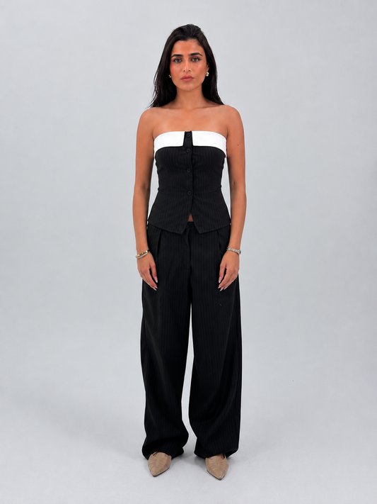 STRIPED WIDE LEG TROUSERS - BLACK