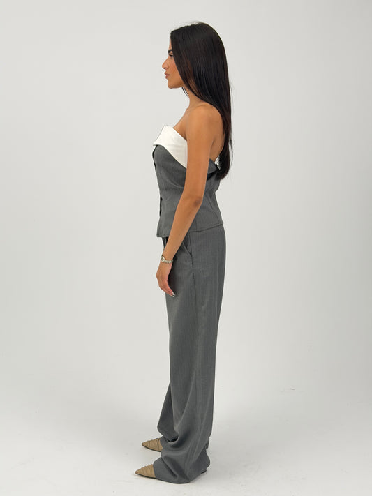 STRIPED WIDE LEG TROUSERS - LIGHT GRAY