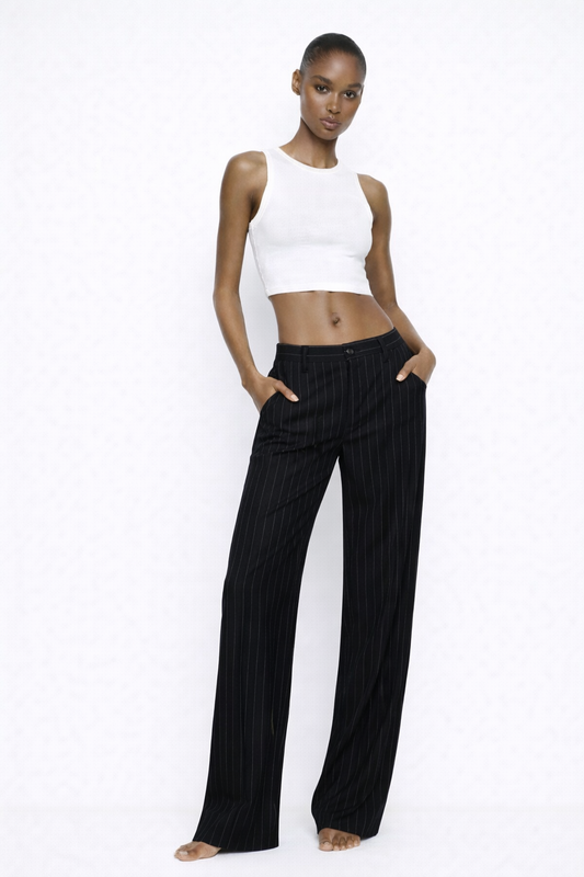 BLACK STRIPED WIDE LEG TROUSERS