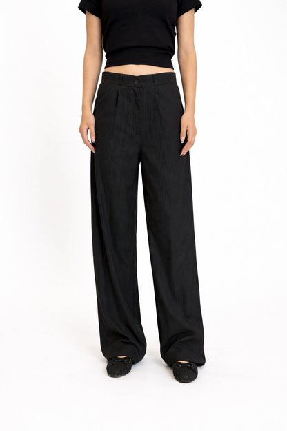 BLACK STRIPED WIDE LEG TROUSERS