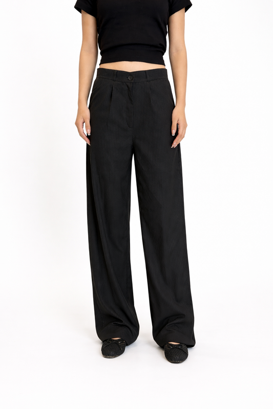 BLACK STRIPED WIDE LEG TROUSERS