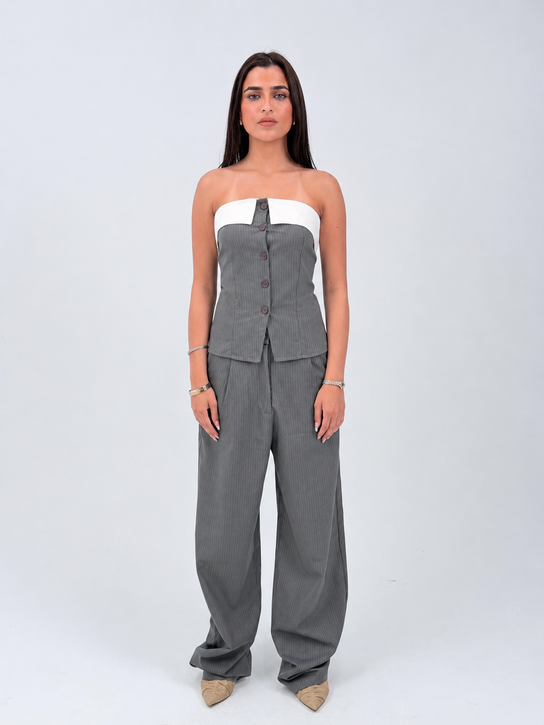 STRIPED WIDE LEG TROUSERS - GRAY