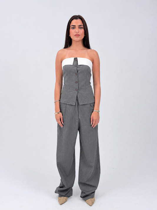 STRIPED WIDE LEG TROUSERS - GRAY