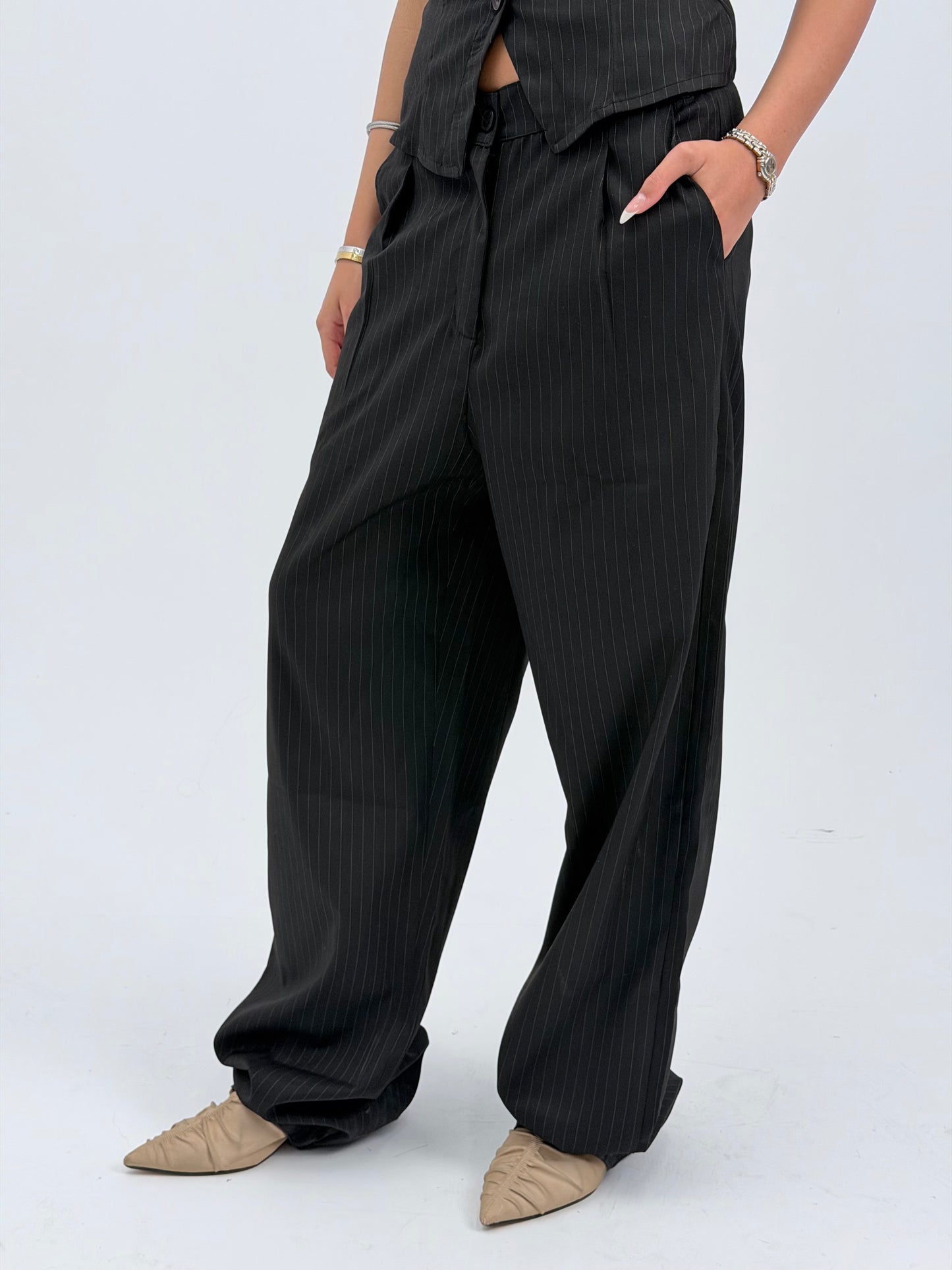 STRIPED WIDE LEG TROUSERS - BLACK
