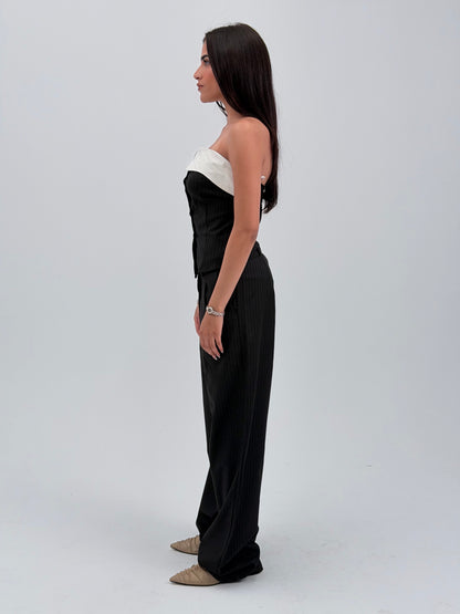 STRIPED WIDE LEG TROUSERS - BLACK