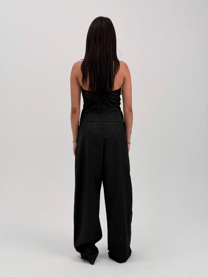 STRIPED WIDE LEG TROUSERS - BLACK
