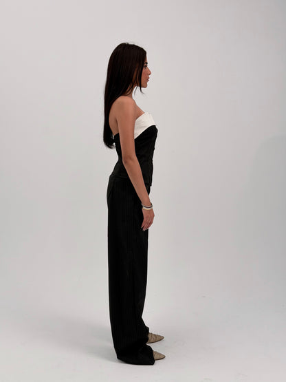STRIPED WIDE LEG TROUSERS - BLACK