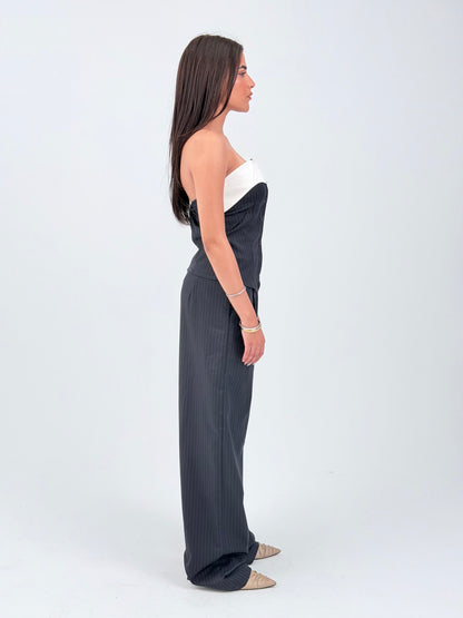 STRIPED WIDE LEG TROUSERS - BLUE