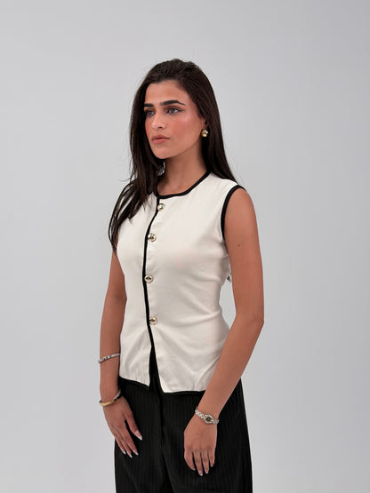 PIPED BUTTON TOP - WHITE